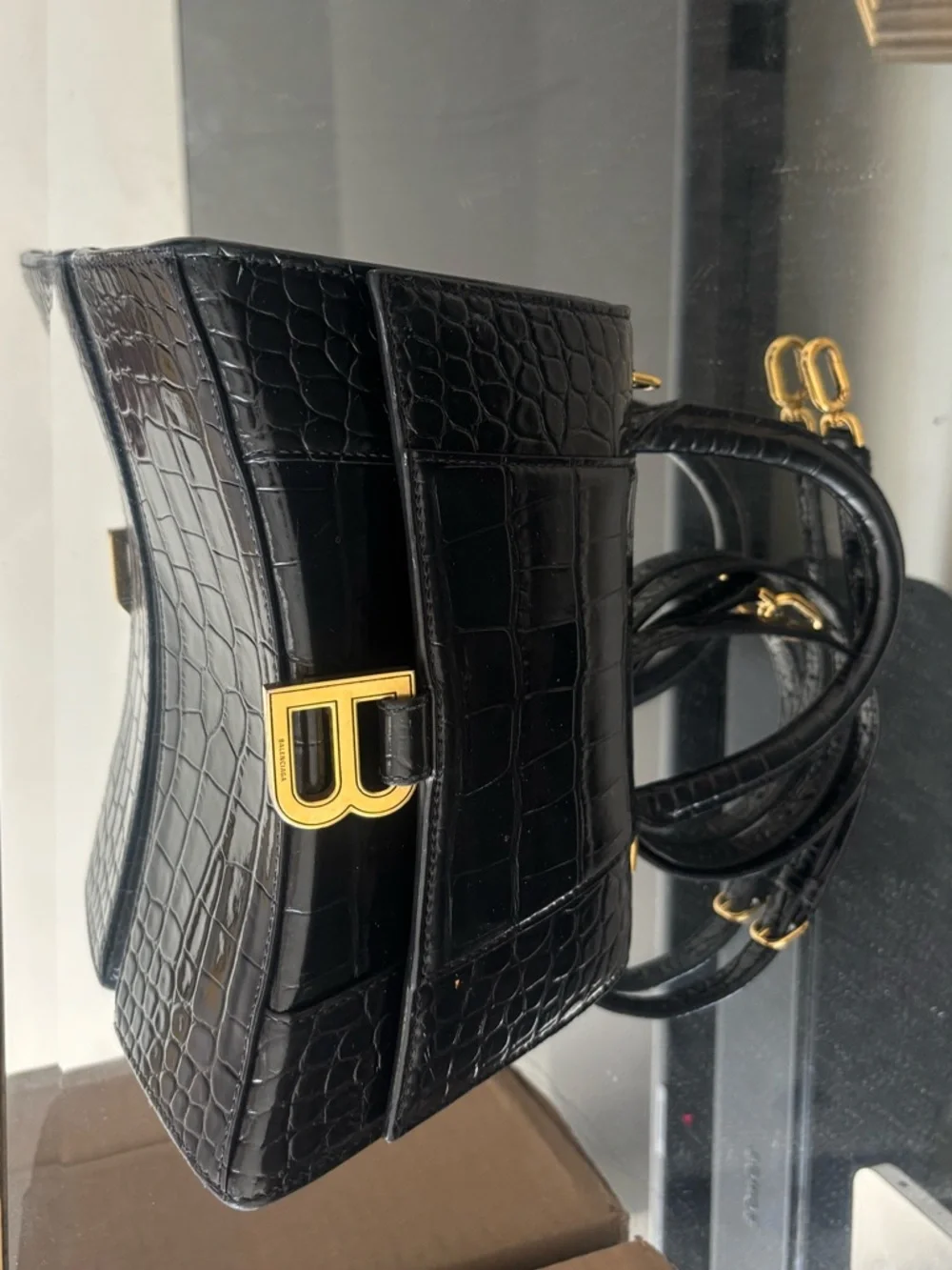 Balenciaga Black Croc Hourglass bag with Gold 'B' Clasp SMALL - Picture 4 of 5